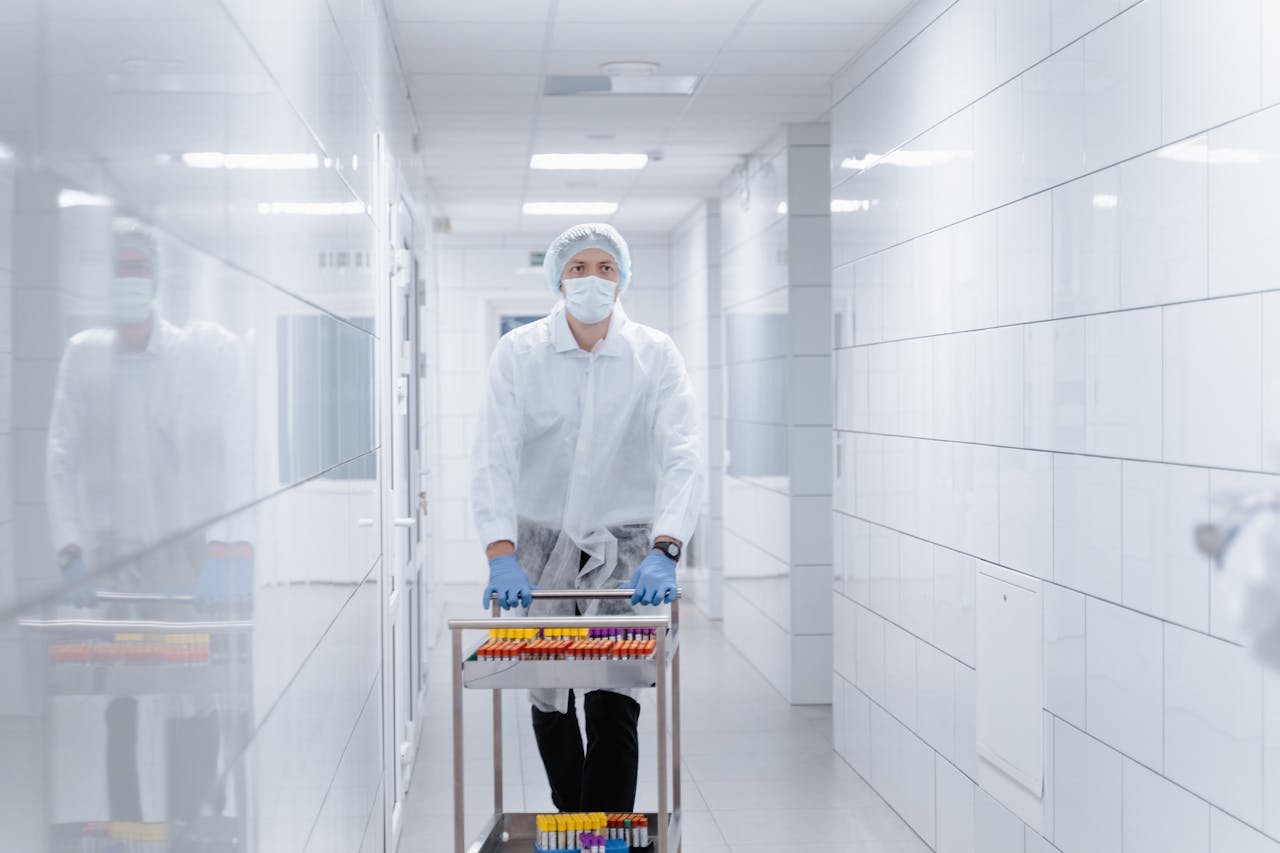 Pracownik medyczny w maseczce i odzieży ochronnej transportujący próbki w sterylnym szpitalnym korytarzu, symbolizując rosnącą automatyzację dezynfekcji z użyciem robotów UV-C i systemów zamgławiania H₂O₂ w polskich placówkach.