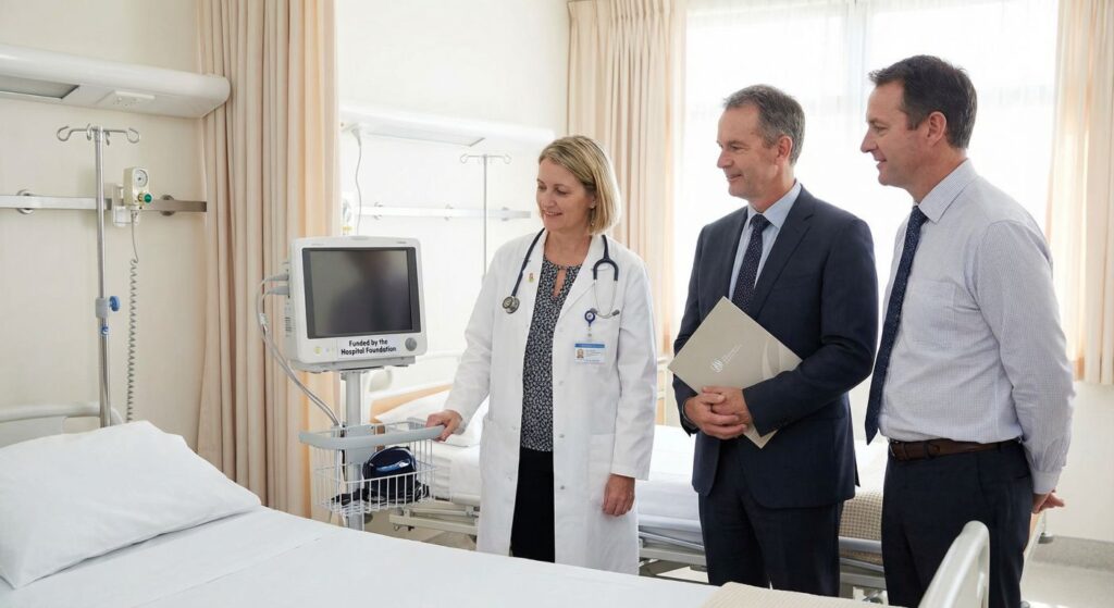 Lekarka w białym fartuchu pokazuje nowoczesny monitor przy łóżku szpitalnym dwóm elegancko ubranym mężczyznom, którzy trzymają teczkę z dokumentami; na urządzeniu widnieje napis „Funded by the Hospital Foundation”, co ilustruje rolę własnej fundacji szpitala – od zakupu dodatkowego sprzętu po długofalową strategię rozwoju placówki.