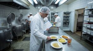 Pracownik w białym fartuchu i czepku w szpitalnej kuchni sprawdza talerze z zupą i obiadem, trzymając w ręku formularz kontrolny; w tle inni kucharze gotują w dużych kotłach, a lodówki i pojemniki z podpisami stoją otwarte, co ilustruje kontrolę sanepidu w szpitalu lub DPS-ie w latach 2023–2025.