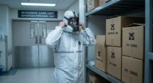 Pracownik w pełnym kombinezonie ochronnym i masce z filtrem zakłada sprzęt w szpitalnym korytarzu przed wejściem na oddział intensywnej terapii, obok regału z kartonami opisanymi „respirator N95” i „PPE gowns”, co symbolizuje firmy i instytucje, które w kryzysie przekierowują produkcję i budżety na maseczki, sprzęt i komputery w ramach cichej rewolucji odpowiedzialności.