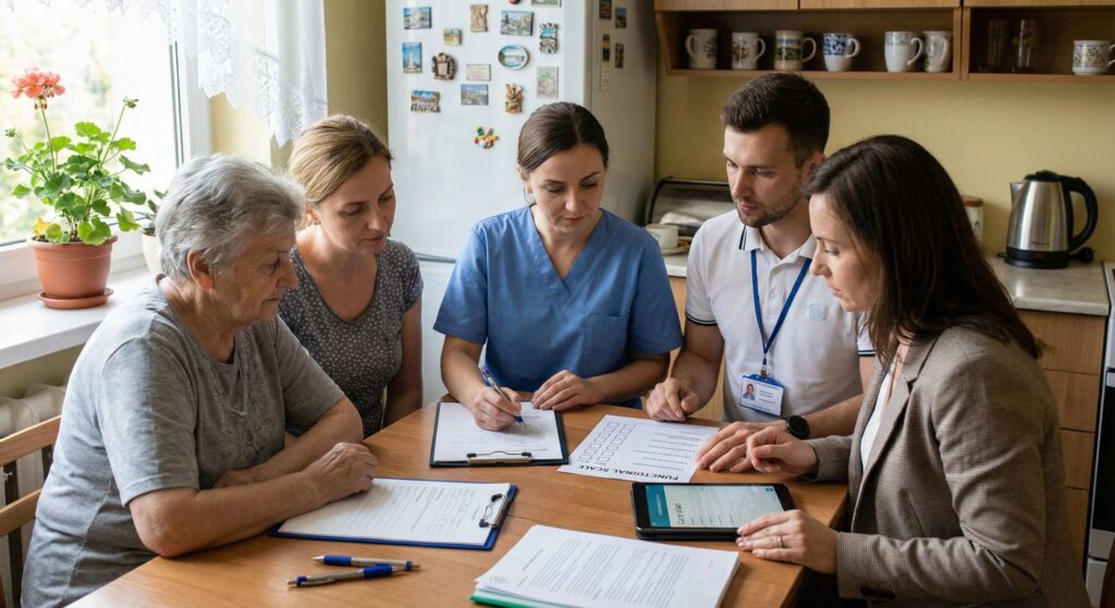 Starsza kobieta siedzi przy kuchennym stole z rodziną i personelem medycznym; kilka osób w tym pielęgniarka w niebieskim uniformie wypełnia dokumenty i korzysta z tabletu, co pokazuje, że dobra opieka to nie tylko łóżko i pampers, lecz także planowanie wsparcia i współpraca całego zespołu.