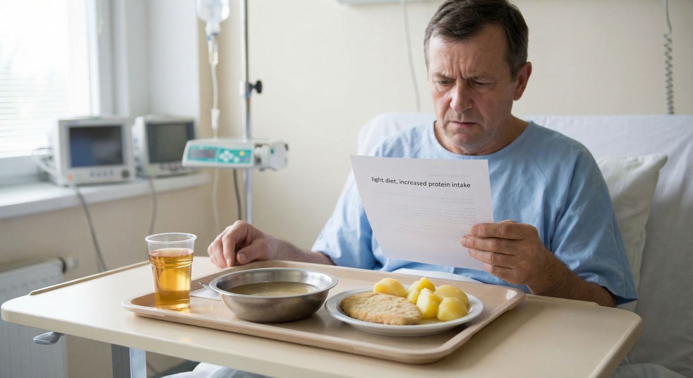 Starszy mężczyzna w szpitalnej piżamie siedzi na łóżku i czyta kartkę z zaleceniami żywieniowymi, a przed nim na stoliku stoi tacka z typowym obiadem: zupą, ziemniakami, kotletem i napojem, co podkreśla pytanie, czy szpitalny posiłek jest tylko kosztem, czy elementem terapii.