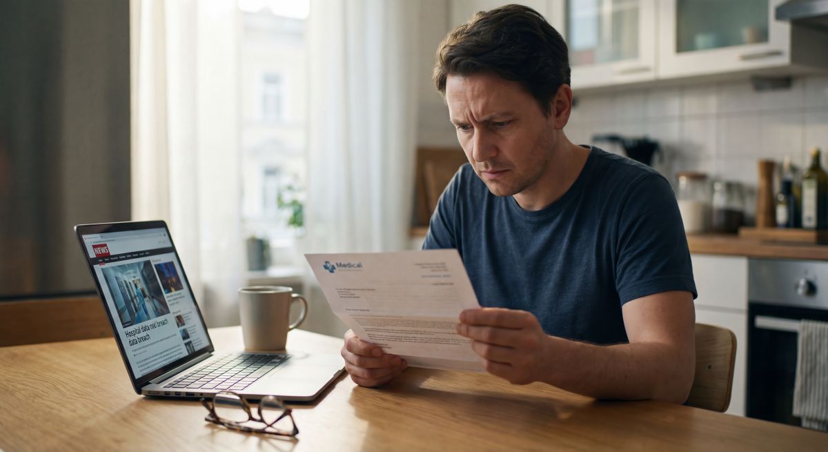 Zaniepokojony mężczyzna czyta pismo dotyczące danych medycznych przy laptopie z informacją o wycieku – ilustracja tematu cyberpolisy dla ochrony szpitala.