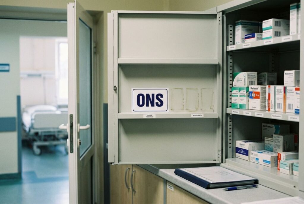 Otwarta szafka w szpitalu z lekami i tabliczką „ONS” na pustej półce; w tle korytarz i łóżko szpitalne.