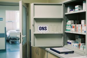 Otwarta szafka w szpitalu z lekami i tabliczką „ONS” na pustej półce; w tle korytarz i łóżko szpitalne.