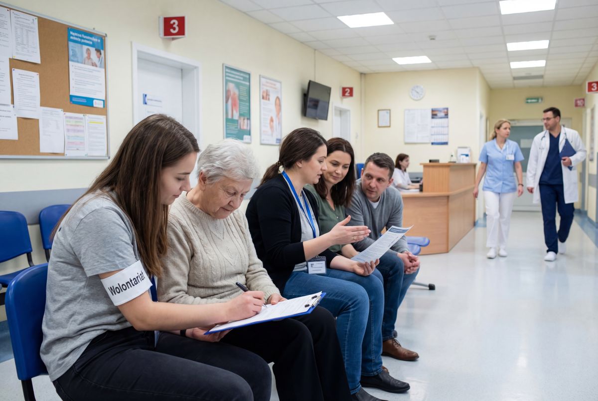 Wolontariuszka i pacjenci siedzą w poczekalni szpitalnej, wypełniając dokumenty i omawiając formularze; w tle personel medyczny na korytarzu.