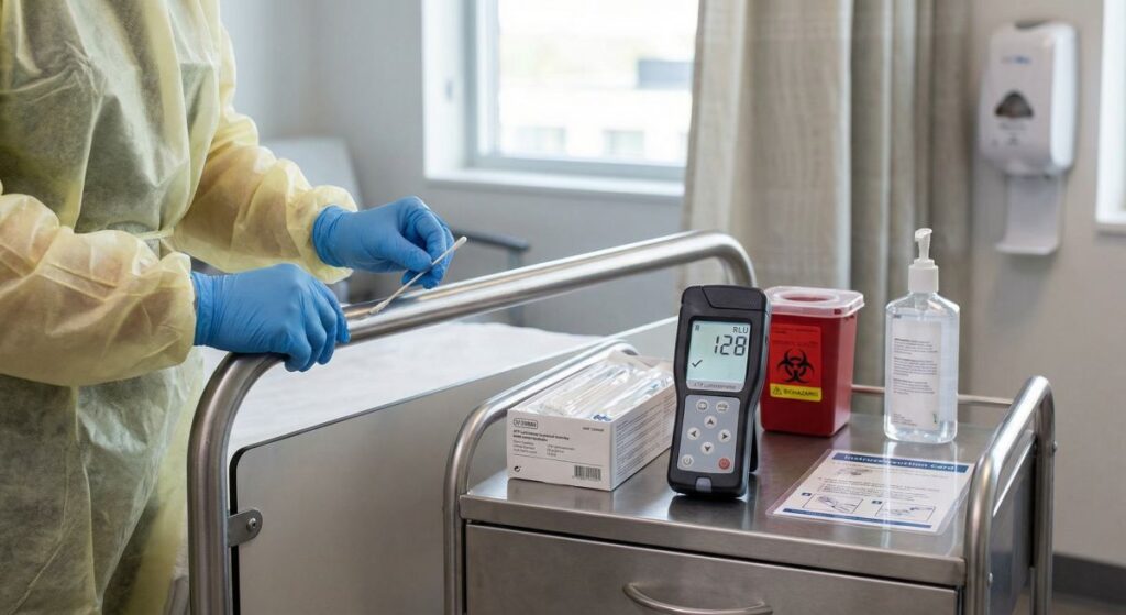 Pracownik w środkach ochrony osobistej pobiera wymaz z poręczy łóżka; na wózku stoi luminometr ATP i środki do dezynfekcji do kontroli jakości w czasie rzeczywistym.