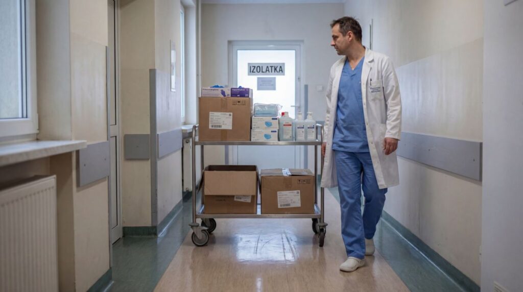 Lekarz na korytarzu szpitalnym prowadzi wózek z maseczkami i płynami dezynfekcyjnymi przed drzwiami izolatki.