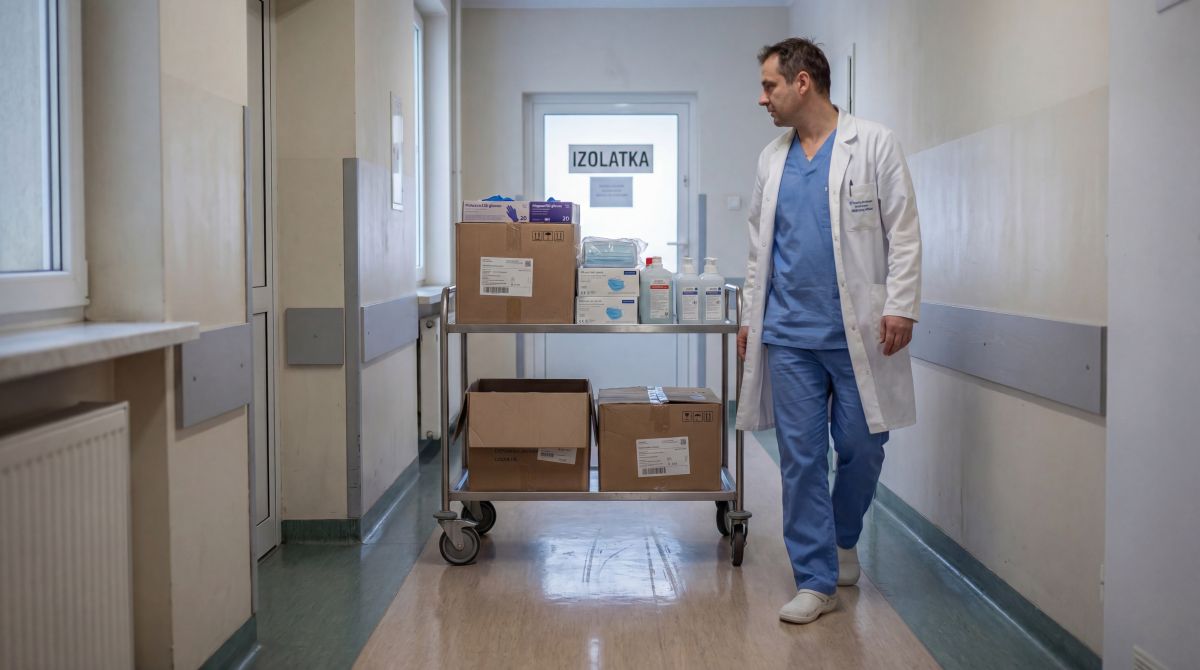 Lekarz na korytarzu szpitalnym prowadzi wózek z maseczkami i płynami dezynfekcyjnymi przed drzwiami izolatki.