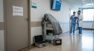 Szpitalny korytarz z zamkniętymi drzwiami „Awaria – przepraszamy”, przykrytą aparaturą i skrzynkami serwisowymi; w tle personel sprawdza tablet, na monitorze widnieje informacja o opóźnieniu.