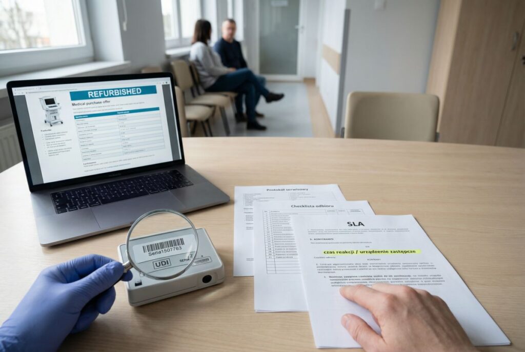 Dokumenty serwisowe i SLA przy zakupie sprzętu medycznego refurbished; lupa sprawdza kod UDI na urządzeniu obok laptopa z ofertą.