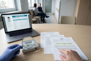Dokumenty serwisowe i SLA przy zakupie sprzętu medycznego refurbished; lupa sprawdza kod UDI na urządzeniu obok laptopa z ofertą.