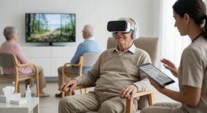Senior w goglach VR podczas zajęć terapeutycznych; opiekunka z tabletem monitoruje ćwiczenie, a w tle inni seniorzy odpoczywają w sali.