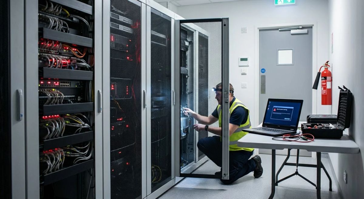 Technik serwisuje szafę serwerową w serwerowni; obok stoi laptop diagnostyczny i skrzynka z narzędziami.
