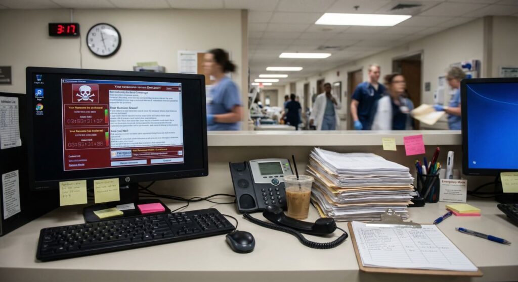 Nowoczesne zagrożenia IT w medycynie: zainfekowany system i chaotyczne stanowisko pracy na tle ruchu personelu w korytarzu.