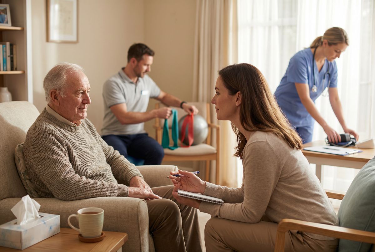 Holistyczna opieka długoterminowa: opiekunka rozmawia z seniorem w domu, a w tle fizjoterapeuta prowadzi ćwiczenia i pielęgniarka przygotowuje sprzęt.