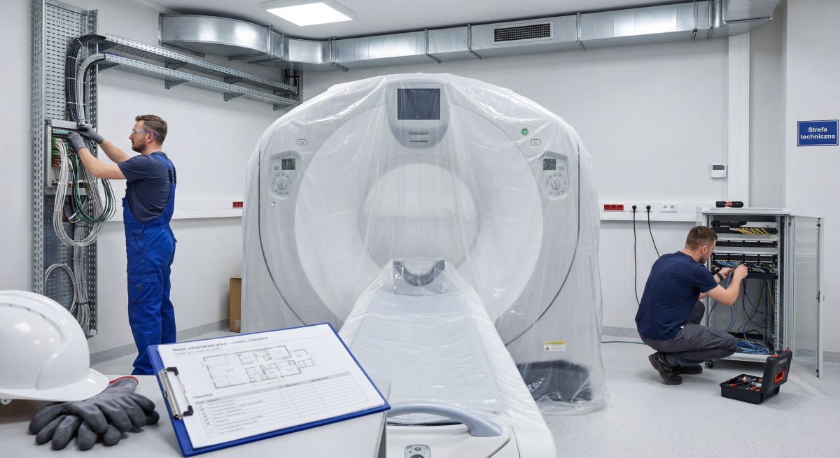 Inwestycje w sprzęt medyczny: montaż i konfiguracja systemów wokół urządzenia diagnostycznego w przygotowanej sali.