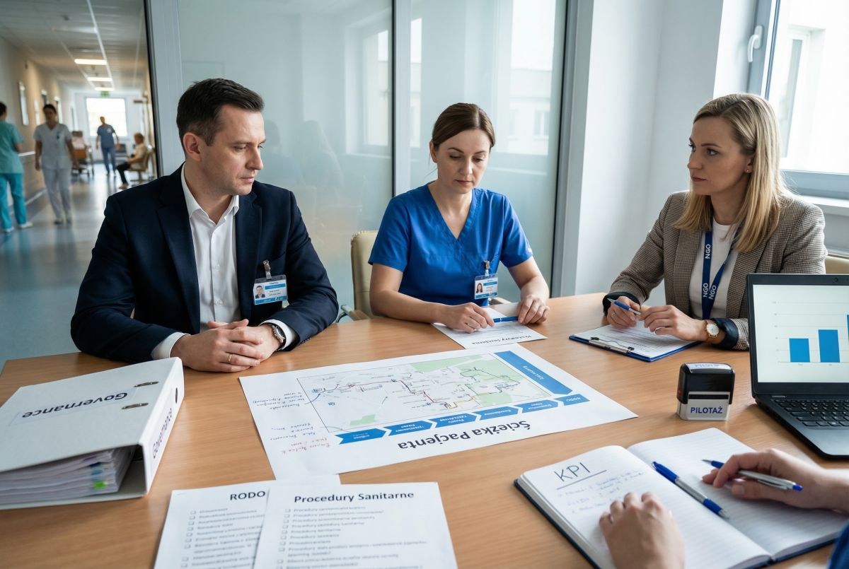 Koordynacja partnerstwa publiczno-społecznego: menedżer szpitala, pielęgniarka i przedstawicielka NGO planują wspólne cele w sali spotkań.