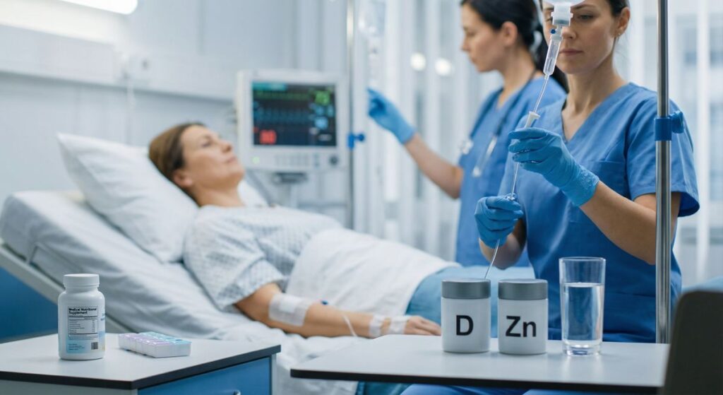 Sala szpitalna z pacjentką na łóżku i personelem medycznym; na pierwszym planie widoczne oznaczenia witaminy D i cynku.