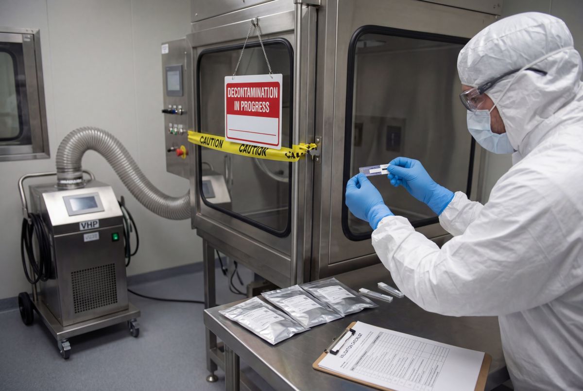 Dezynfekcja nadtlenkiem wodoru w fazie gazowej w warunkach sterylnych – operator sprawdza wskaźnik, na stole leżą zapakowane materiały i checklist.