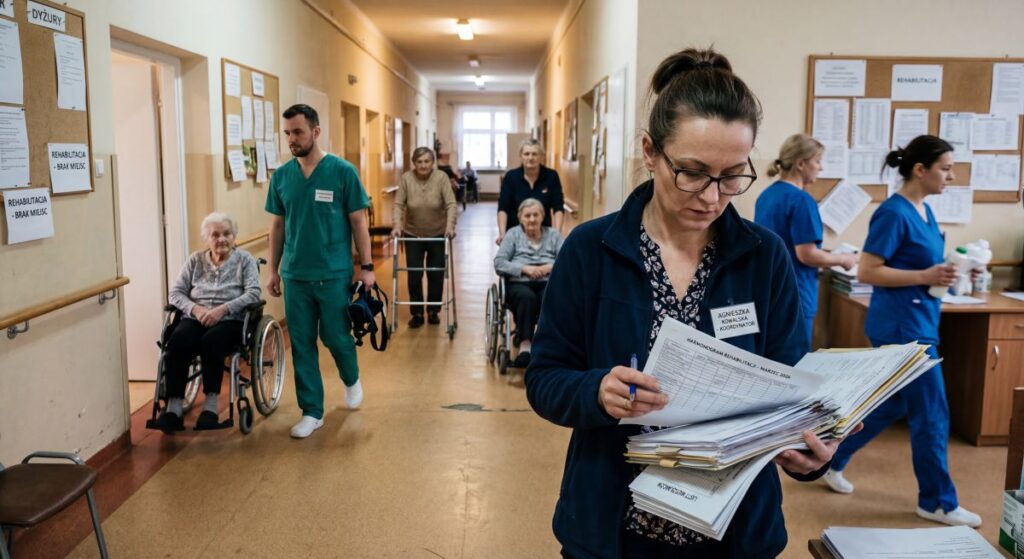Koordynatorka i personel domu pomocy społecznej organizują opiekę oraz rehabilitację mieszkańców, pokazując wyzwania związane z kolejkami i brakami kadrowymi.