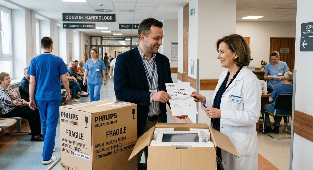 Przedstawiciel przekazuje sprzęt medyczny i dokumenty lekarce w szpitalu, ilustrując legalne i skuteczne finansowanie medycyny w internecie.