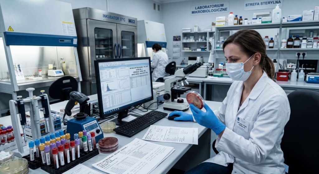 Diagnostka laboratoryjna analizuje próbkę bakterii w laboratorium mikrobiologicznym szpitala w kontekście wzrostu oporności bakterii wielolekoopornych MDR w polskich szpitalach.