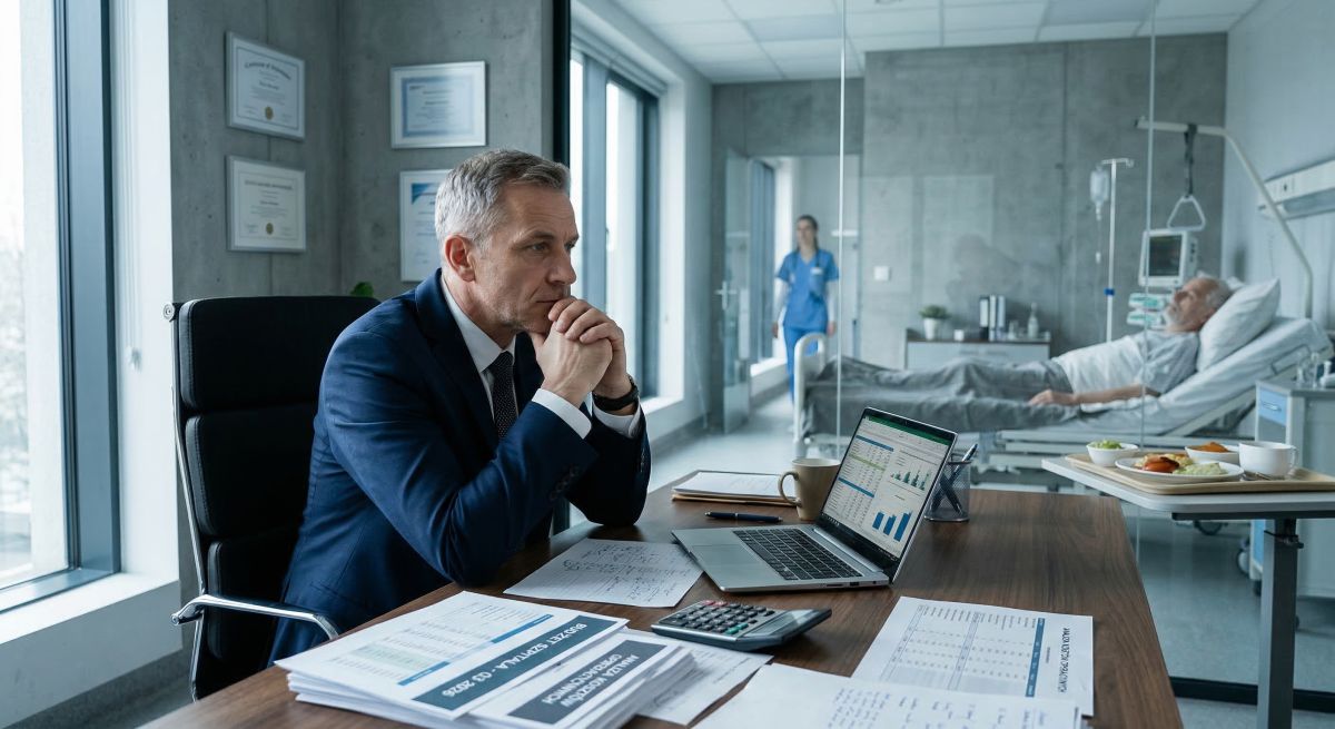 Menedżer szpitala analizuje koszty leczenia pacjenta, wskazując na ukryty koszt braku dietetyka klinicznego w szpitalu.