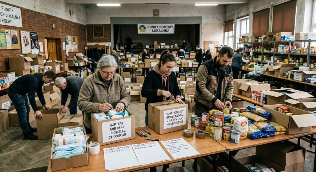 Mieszkańcy i wolontariusze pakują żywność oraz środki higieniczne w punkcie pomocy lokalnej, pokazując wsparcie lokalnych społeczności w czasie kryzysu.