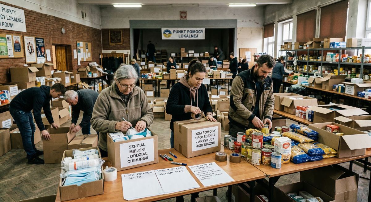Mieszkańcy i wolontariusze pakują żywność oraz środki higieniczne w punkcie pomocy lokalnej, pokazując wsparcie lokalnych społeczności w czasie kryzysu.