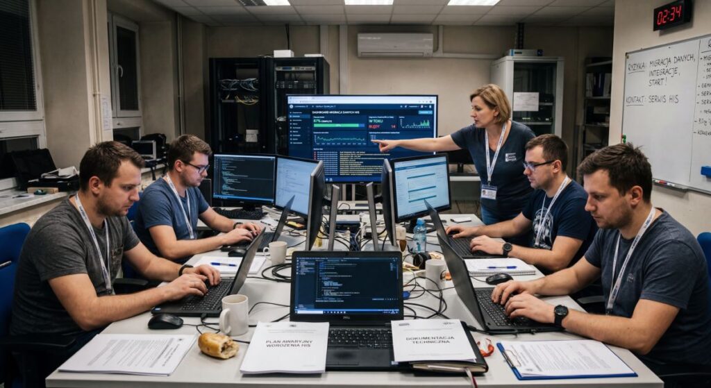 Zespół IT i personel szpitala analizują wdrożenie systemu HIS oraz migrację danych podczas wymiany oprogramowania w placówce medycznej.