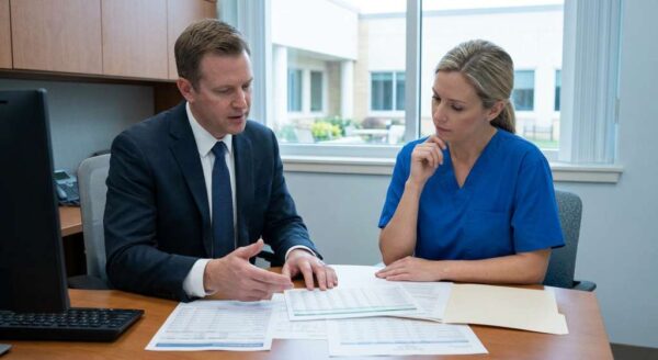 Mężczyzna i kobieta omawiają dokumenty.