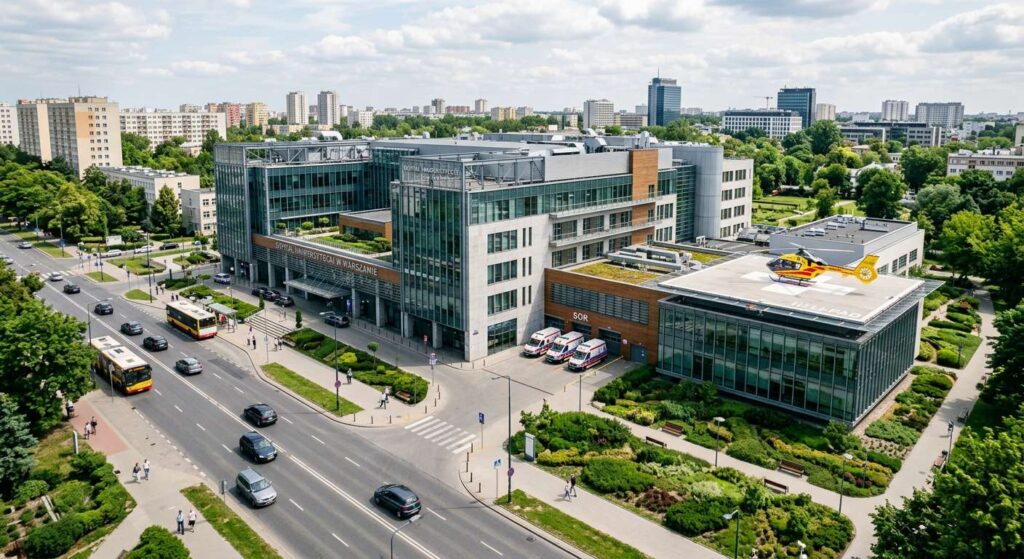 Nowoczesny szpital z lądowiskiem dla helikopterów.