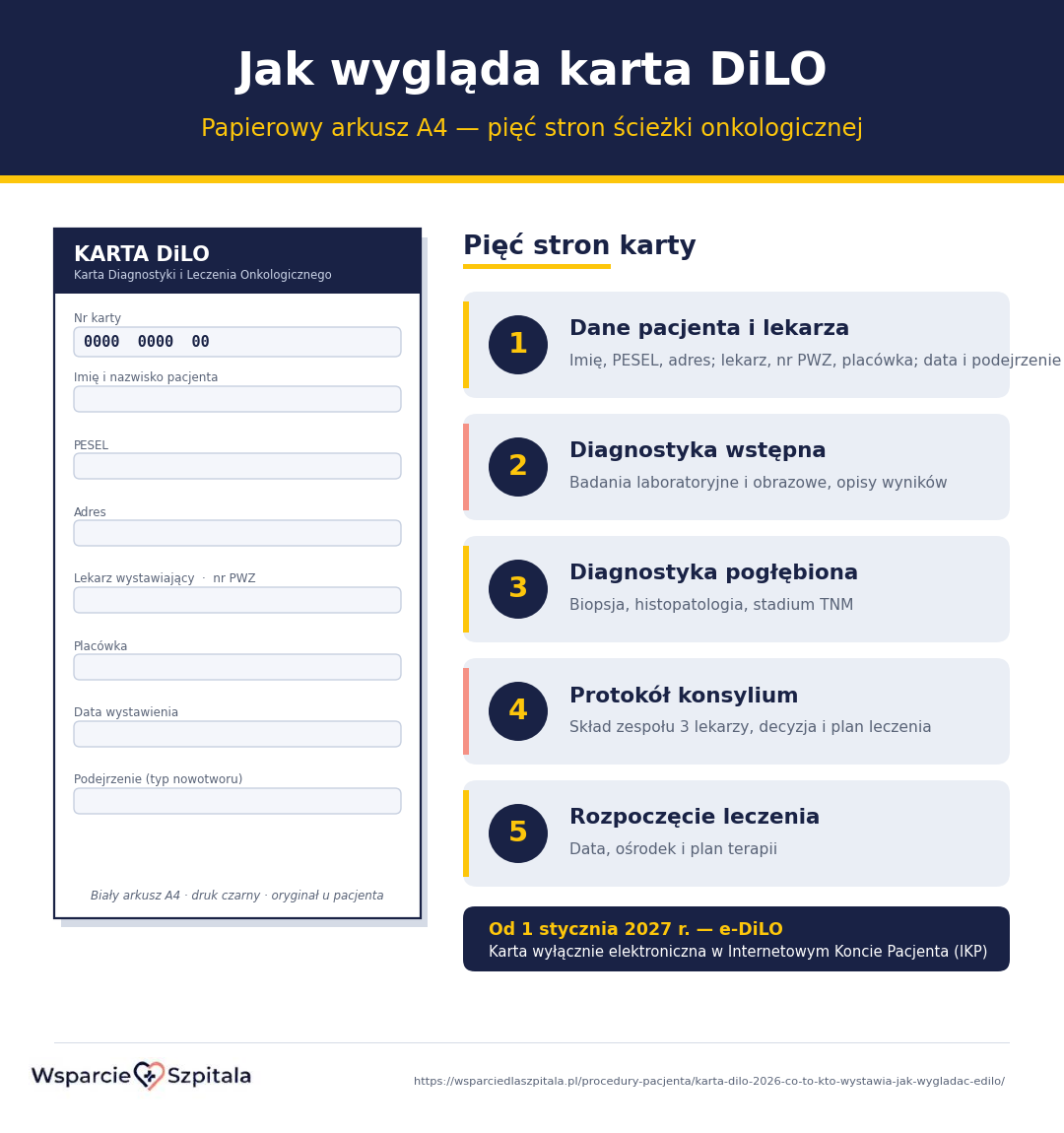 Budowa papierowej karty DiLO - biały arkusz A4 z rubrykami i pięć stron: dane pacjenta, diagnostyka wstępna, pogłębiona, protokół konsylium, rozpoczęcie leczenia